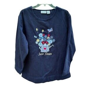 Vtg Fashion Bug Navy Blue Floral Butterfly Embroidered Pullover Sweatshirt-14/16